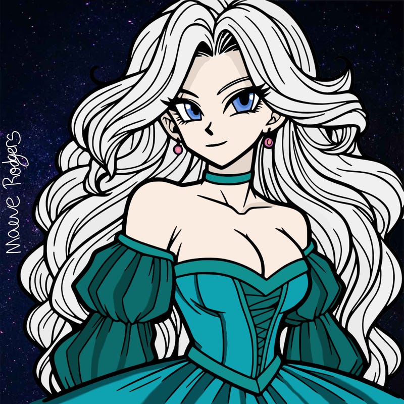 dbz anime woman, beautiful, elegant, long wavy hair, medieval dress