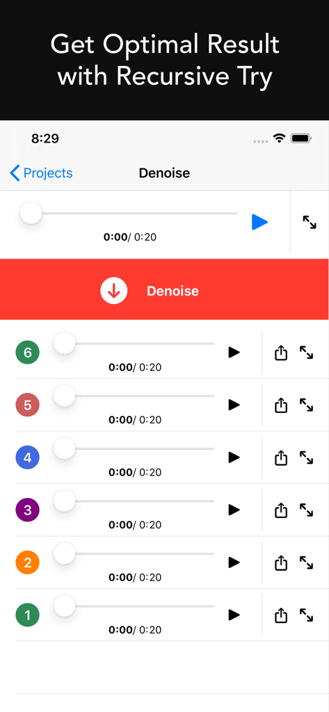 Denoise Audio - Remove Noise - Interfaz de la aplicación Denoise Audio mostrando la función Prueba Recursiva con múltiples resultados de procesamiento de audio.
