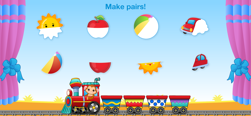 Pantalla de un juego de emparejamiento preescolar que muestra a un mono conduciendo un tren colorido y pares de objetos para emparejar como un sol, una manzana y un coche