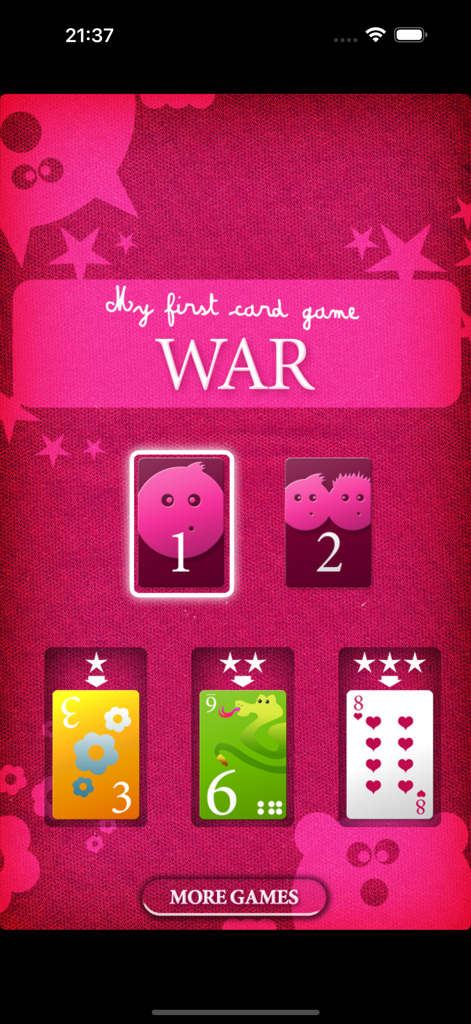 Pantalla del menú principal de Mi Primer Juego de Cartas: Guerra mostrando modos de juego y selección de nivel para diferentes tamaños de mazo de cartas