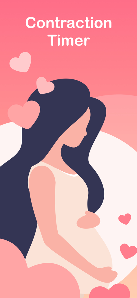 An illustration of a pregnant woman holding her belly surrounded by pink hearts for the Contraction Timer app splash screen