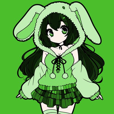 pretty anime girl wearing a fluffy hoodie with bunny ears on the hood and a skirt