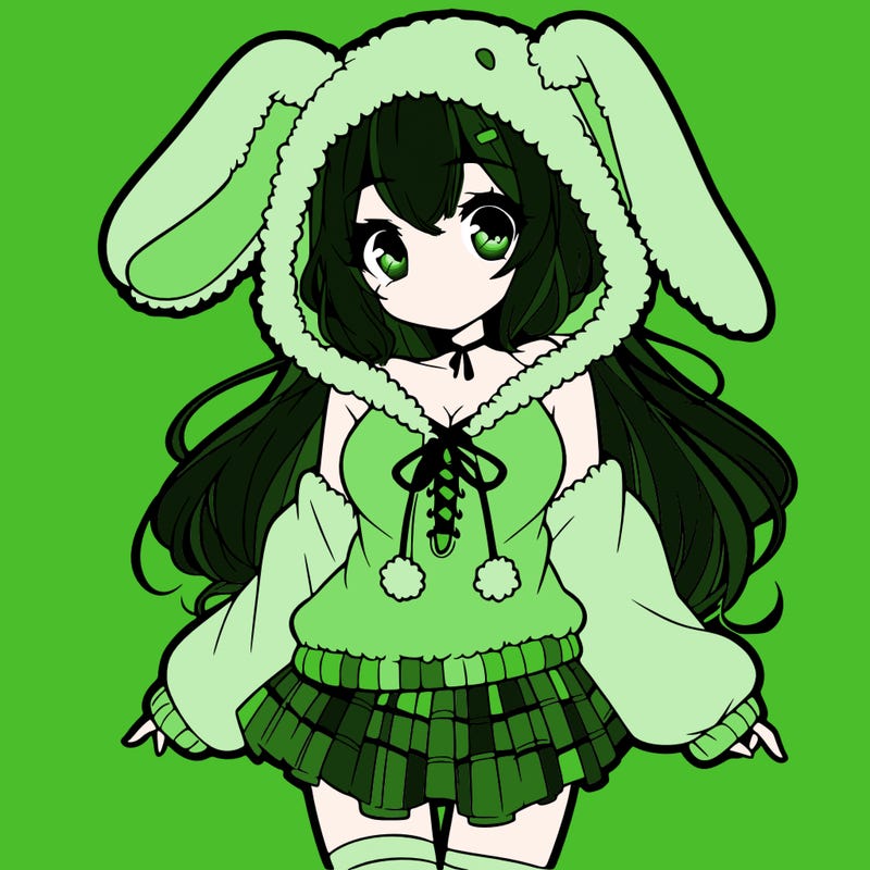 pretty anime girl wearing a fluffy hoodie with bunny ears on the hood and a skirt