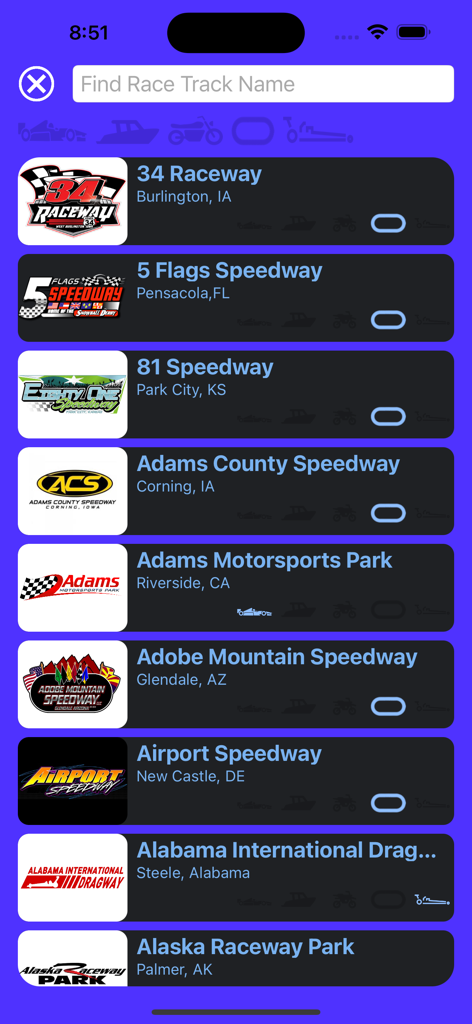 Racing Weather - A list of various racetracks across the USA within the Racing Weather app interface