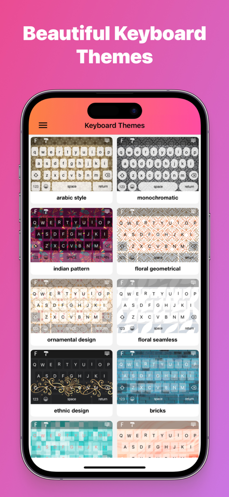 A variety of colorful and patterned keyboard themes displayed on a mobile app interface