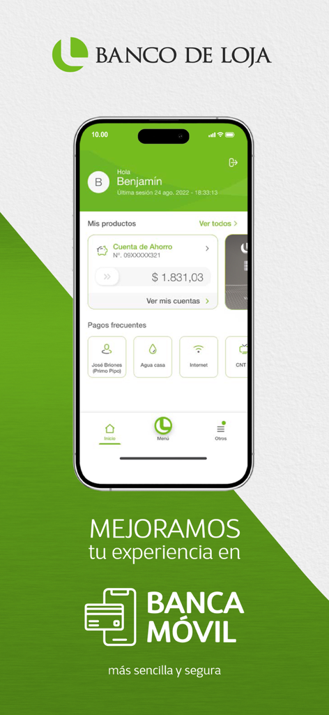 Dashboard of the Banco de Loja mobile app showing a savings account balance and frequent payment options