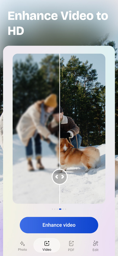 Artguru - AI Photo Enhancer - Artguru app screen showing a side-by-side comparison of a blurry video and an enhanced HD video of a couple with a dog in the snow.