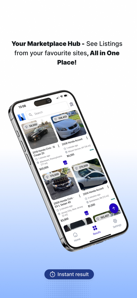 Marketplace Monitor - Marketplace Monitor app showing aggregated car listings from different platforms on a mobile phone