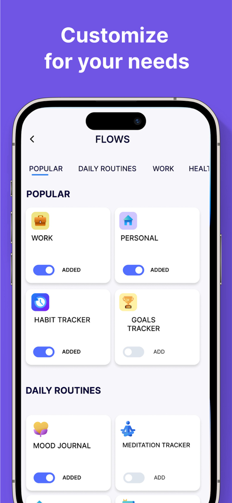 Brite app screen for customizing personal productivity and wellness flows
