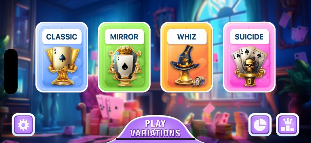 Spades : Offline Card Game - Menú del juego de cartas sin conexión Spades mostrando variaciones del juego como Clásico, Mirror, Whiz y Suicide