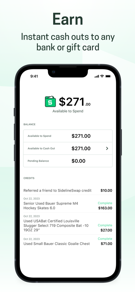 SidelineSwap - Pantalla de la aplicación SidelineSwap que muestra un saldo de usuario de 271 dólares de equipamiento deportivo vendido como patines de hockey y bates de béisbol.