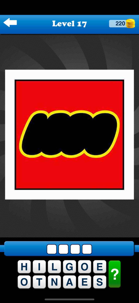 Captura de pantalla del Nivel 17 del Juego de Adivinar el Logo de Marca mostrando un desafío de logo rojo y amarillo con casillas de letras