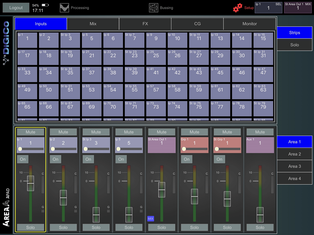 DiGiCo 4REA4 APAD interface showing professional audio mixing faders and input channel grid.
