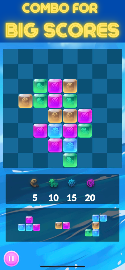 Jewel Match - Win Real Money - Schermata di gioco di Jewel Match che mostra una griglia di puzzle a blocchi con gioielli colorati e il testo Combo per Grandi Punteggi.