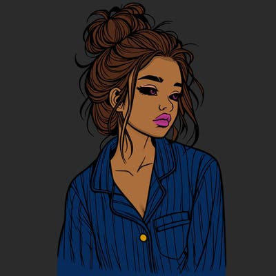 realistic woman with pajamas on and a messy bun