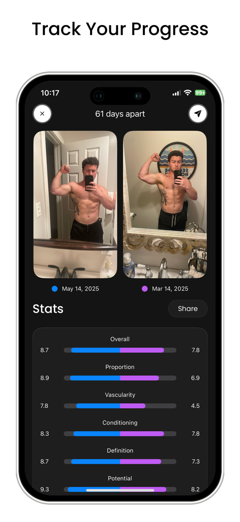 Rate My Physique - App interface showing side by side physique photos and AI calculated fitness stats