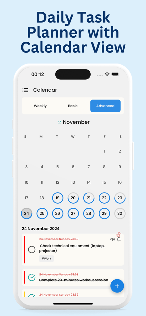 To do List: Task Manager, AI - Mobile App-Oberfläche, die einen Monatskalender für November mit einer täglichen Aufgabenliste mit Arbeits- und Fitnessaktivitäten zeigt