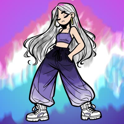 girl in baggy pants crop top and long hair