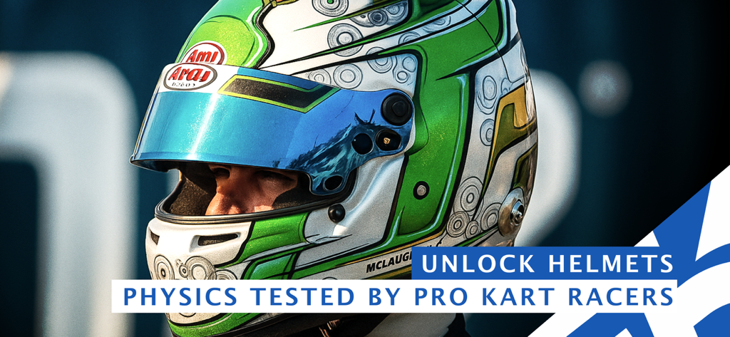 SK26: Street Kart Racing Game - プロレーサーがテストした物理演算に関するテキストが表示された、ストリートカートレーシングゲームのプロレーシングヘルメット