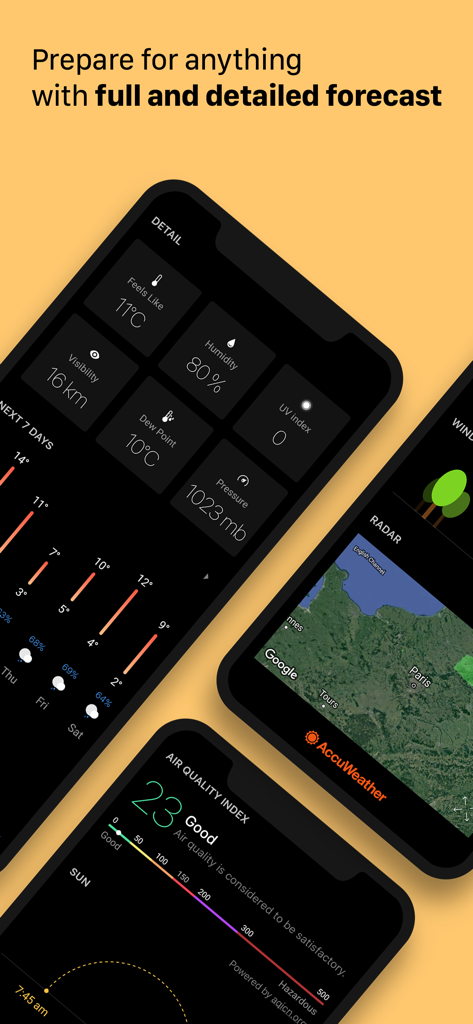 Today Weather: Radar & Alerts - Interfaccia dell'app Today Weather che mostra previsioni dettagliate, mappe radar e indice di qualità dell'aria.