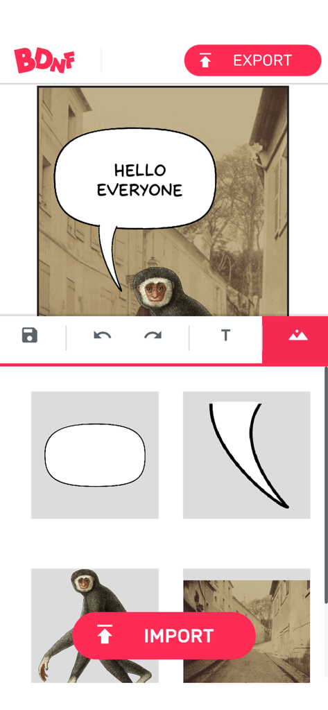 BDnF (light version) - Interface de la version légère de BDnF pour créer des BD avec des bulles de dialogue et des illustrations d'animaux