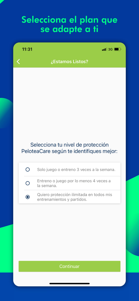 Pelotea - Screen of the Pelotea app for selecting a player protection plan through PeloteaCare.