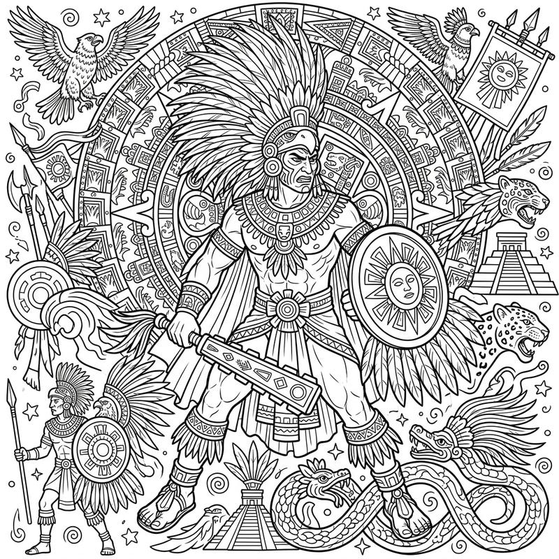 Embrace the power of ancient mythology with this stunning Huitzilopochtli coloring template. This intricate design features the Aztec god of war and sun, surrounded by symbolic elements, perfect for adult and teen colorists.