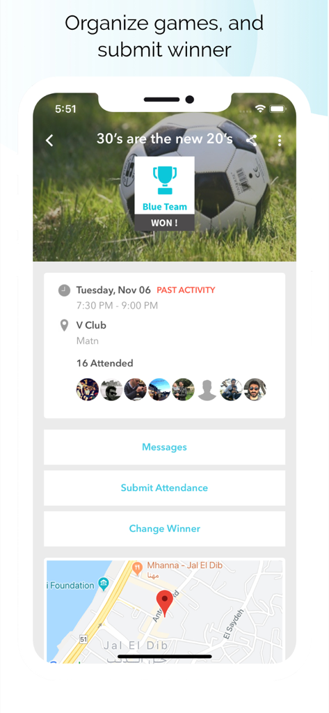 サッカーの試合の企画詳細と勝者の発表を表示するIn2アプリの画面