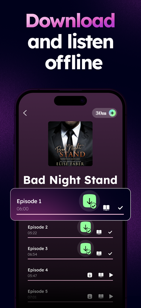 FreeFM: Audibooks, Good Novels - Pantalla de la aplicación FreeFM que muestra una lista de episodios descargables para un audiolibro de romance.