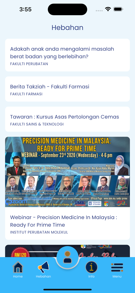 El feed de anuncios en la app móvil UKM Siswa para estudiantes universitarios.