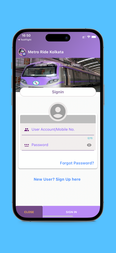 Page de connexion pour l'application mobile Aamar Kolkata Metro montrant les champs du compte utilisateur et du mot de passe avec un arrière-plan de train.