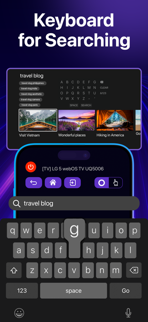RemoTV 앱에서 스마트 TV 콘텐츠 검색을 위한 모바일 키보드 기능 표시