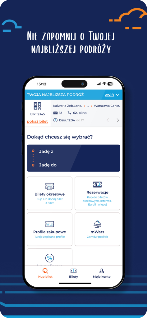 PKP Intercity mobile app dashboard displaying train trip details and ticket booking options