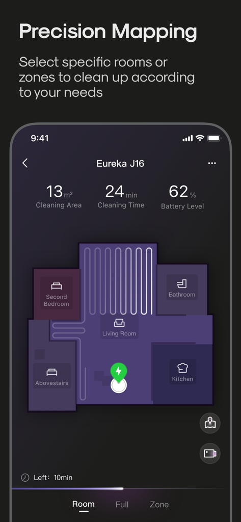 Función de mapeo de precisión en la app Eureka robot mostrando un plano de la casa y el progreso de la limpieza.