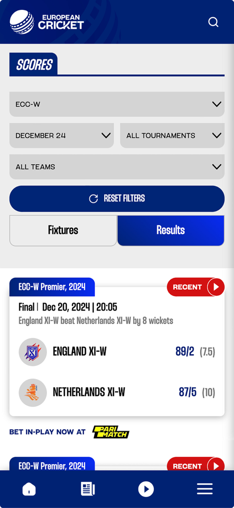European Cricket Network - App European Cricket Network che mostra punteggi e risultati delle partite per Inghilterra e Paesi Bassi