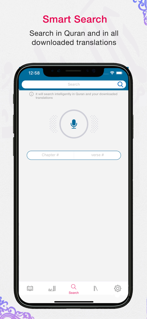 Quran App Read,Listen,Search - Interfaz de búsqueda inteligente de la App del Corán con búsqueda por voz y consulta de capítulo y verso.