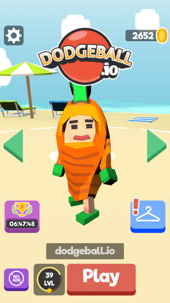 Dodgeball.io - Main menu of the Dodgeball.io mobile game showing a character dressed in a carrot costume on a beach background.