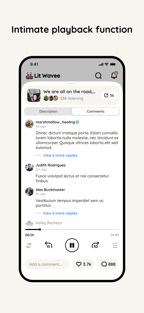 Lit Wavee: Audio Stories - Pantalla de smartphone que muestra el reproductor de audio Lit Wavee con comentarios de usuarios y controles de reproducción.