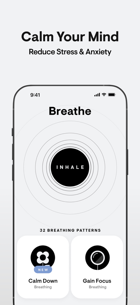 stoic. journal & mental health - Atemübungs-Oberfläche in der stoic. App, die eine Einatem-Anregung und Muster für Ruhe und Fokus anzeigt