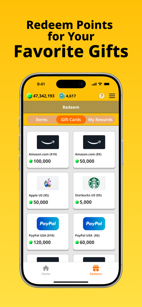 GeoSmile - Move to Earn Money - Amazon, Apple, Starbucks 및 PayPal 기프트 카드 옵션이 있는 GeoSmile 앱의 교환 페이지를 보여주는 휴대폰 화면