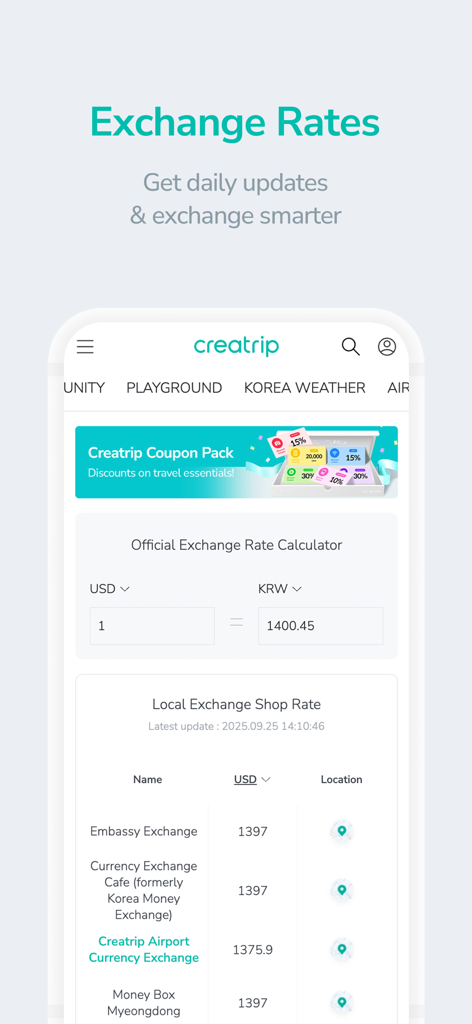 Creatrip: Korea Your Way - 크리에이트립 앱 인터페이스로, 한국 환율 계산기와 현지 상점 환율 비교를 보여줍니다.