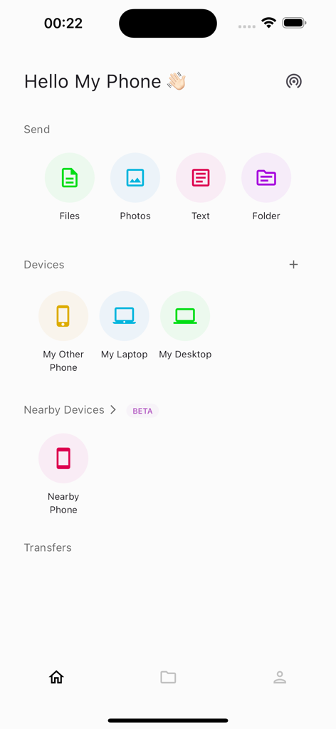 The main dashboard of LANDrop app showing options to send files and photos to connected devices