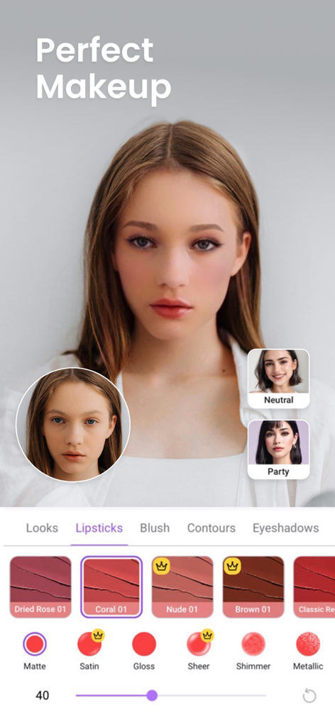Vivid Glam Video/Photo Retouch - バーチャルリップスティックとメイクアップ編集ツールを表示するVivid Glamアプリ画面