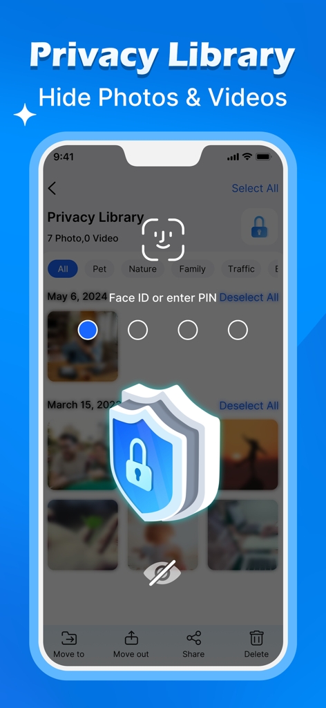 Privacy Library interface for hiding sensitive photos and videos with Face ID and PIN security.