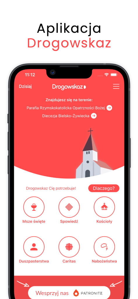 Drogowskaz - Main screen of the Drogowskaz app showing options for Mass times and confession