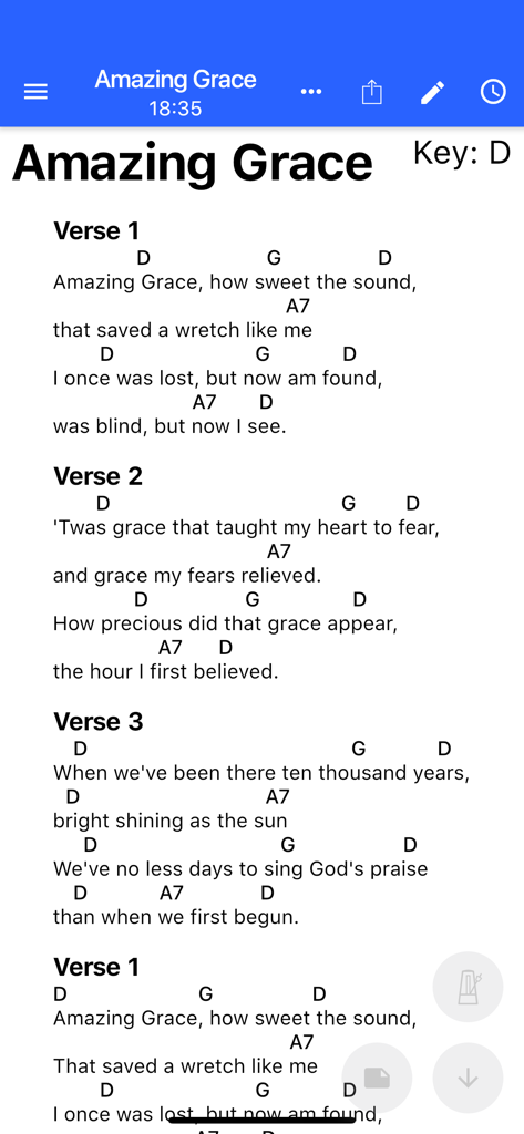 SongbookPro - Digital Songbook - SongbookProインターフェイスに、「Amazing Grace」のコードと歌詞が表示されています