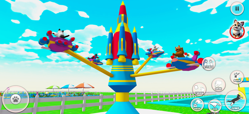 Annoying Pet Game 3D - Gatos de dibujos animados montando una colorida atracción de parque de atracciones con temática de cohete en un entorno 3D.