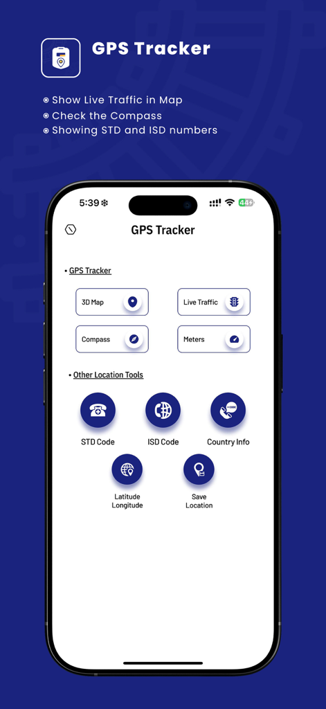 All GPS Location Map - GPS tracker app dashboard showing navigation tools like 3D map live traffic compass and international dialing codes