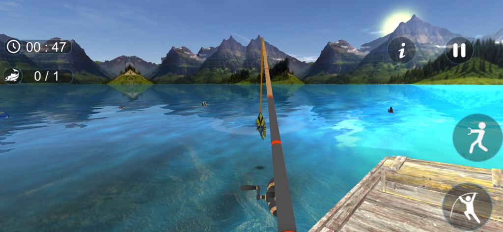 Fishing Simulator clash games - First person view of a fishing rod over a mountain lake in a blocky world simulator game
