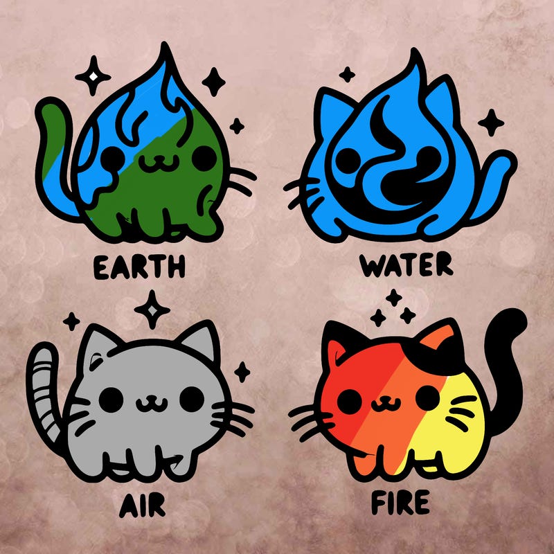 4 cats that represent the different elements, earth, water, air, and fire